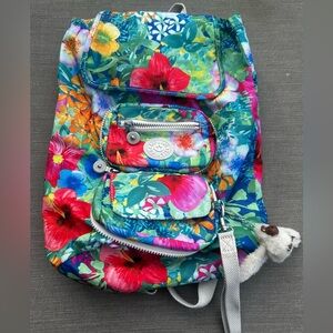 Kipling Packable Floral Hibiscus Backpack Convertible Travel Bag W/Monkey Small